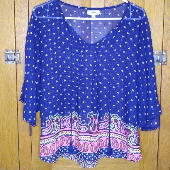 Olsenboye blue patterned flowy chiffon boho short sleeve peasant top - Picture 2 of 7